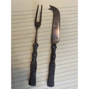 Vintage 1980s Silea Cheese Serving Set Knife + Fork  W/ Carved Rope Hanle 2